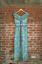 Load image into Gallery viewer, Vintage Green, Blue, and Pink Floral Dress, Velvet Detailing
